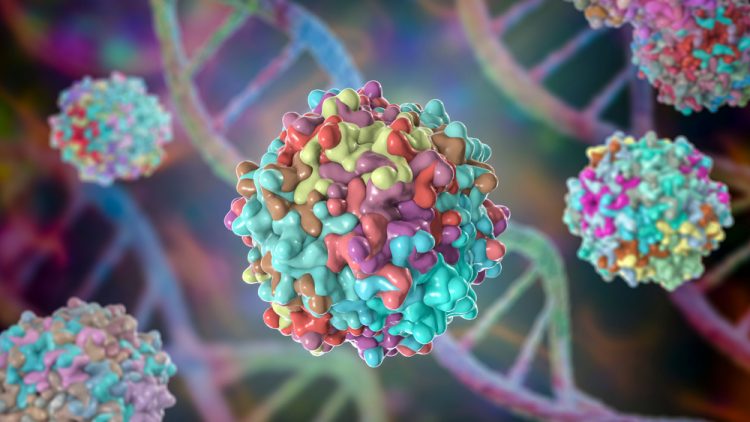 3D illustration of brightly coloured adeno associated viruses in front of DNA strands - idea of viral vectors for gene therapy