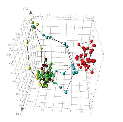 Figure 2: Dose response relationships visualised by PCA. Positive (red) and negative (green) controls from a cell based assay are plotted alongside dose responses for 3 different compounds. Compound 1 (brown) shows no significant response. Compound 2 (yellow) shows a cytotoxic response divergent from the control compounds. Compound 3 (blue) shows an initial response similar to the positive control but causes cytotoxicity at higher doses.