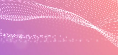 Concept of airflow - abstract wavy particles on a purple to pink gradient background