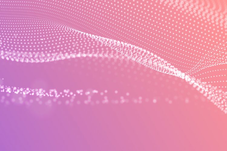 Concept of airflow - abstract wavy particles on a purple to pink gradient background
