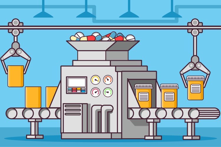 Antibiotics production concept - representative production line with pills and capsules being placed into pill bottles