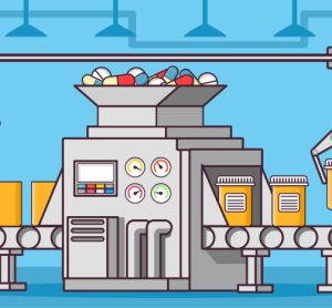 Antibiotics production concept - representative production line with pills and capsules being placed into pill bottles