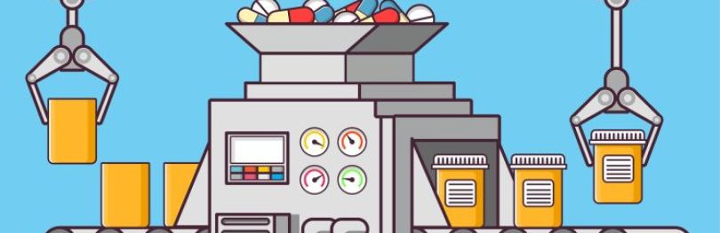 Antibiotics production concept - representative production line with pills and capsules being placed into pill bottles