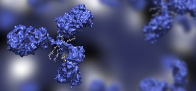 Antibody drug conjugate with four drug compounds linked to IgG immunoglobulin; ADC in blue against blue background