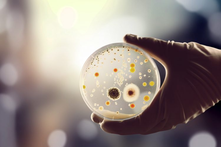 Close up of bacterial colonies on a petri dish - idea of bacterial identification or environmental monitoring