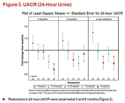 Study results showed that diabetic kidney disease patients taking any of the three tested doses of baricitinib had lower levels of UACR in their urine than patients taking a placebo -- even after they stopped taking the drug. UACR is an indicator of kidney function. CREDIT: Bariticitinib trial team