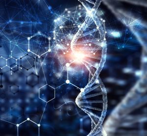 Biotechnology (biotech) concept with DNA strands surrounded by various abstract molecules