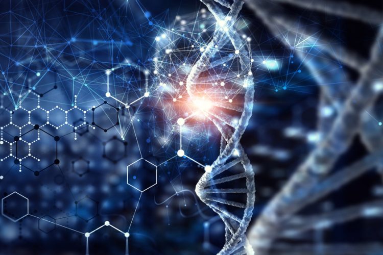 Biotechnology (biotech) concept with DNA strands surrounded by various abstract molecules