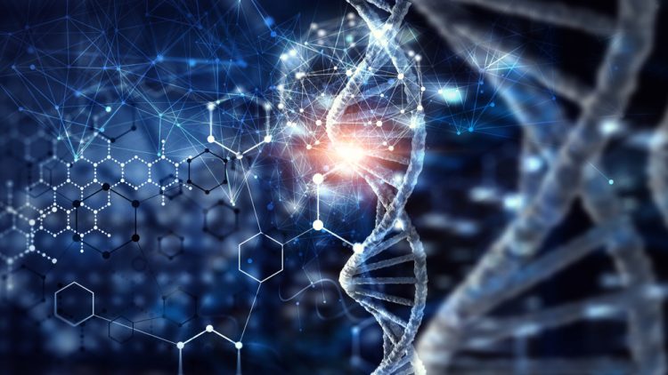 Biotechnology (biotech) concept with DNA strands surrounded by various abstract molecules