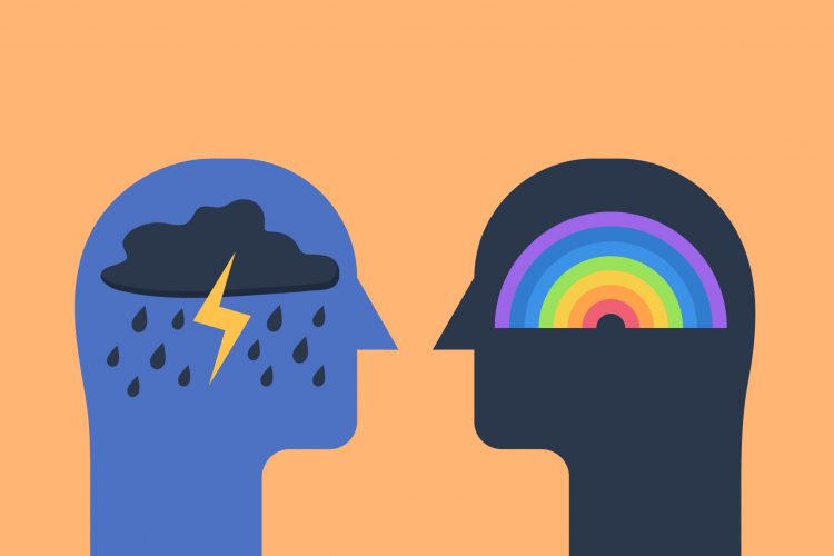 Cartoon of two human head silhouettes facing, one with a rainbow in the section where the brain would be, the other with a raincloud - idea of bipolar disorder (one side bipolar depression, the other side mania)