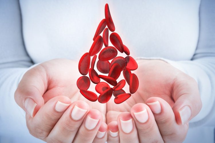 close up of a woman's hands with a drop shape formed of red blood cells hovering above - idea of treatment for blood disorder