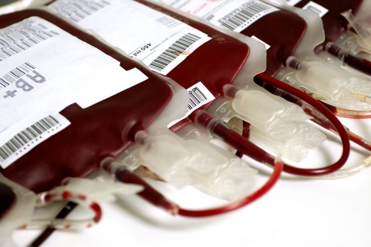 Human blood in bags in storage - concept of blood transfusion
