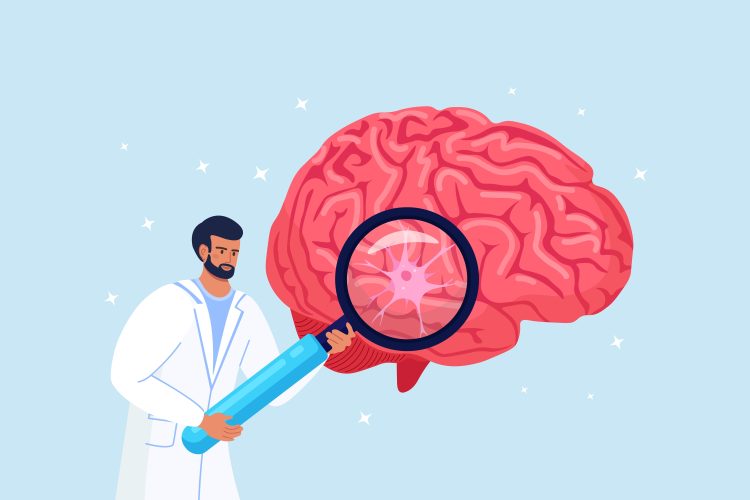 Illustration of scientist holding magnifying glass up to brain