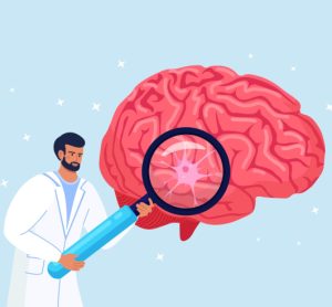 Illustration of scientist holding magnifying glass up to brain