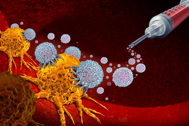 3D rendering of a syringe of red liquid generating white immune cells that are attacking a yellow cancer cell - idea of a cancer vaccine