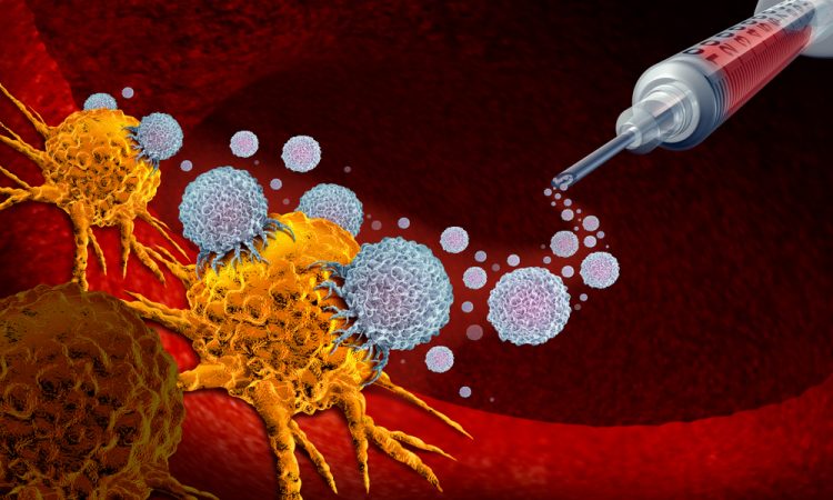 3D rendering of a syringe of red liquid generating white immune cells that are attacking a yellow cancer cell - idea of a cancer vaccine