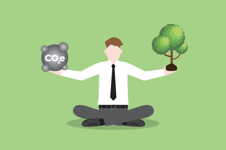 Illustration of business person balancing CO2 and tree - carbon emissions