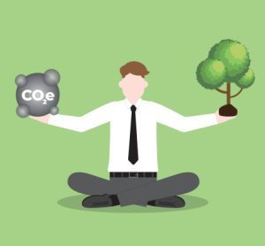 Illustration of business person balancing CO2 and tree - carbon emissions
