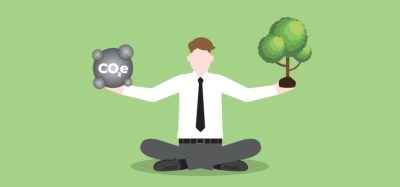 Illustration of business person balancing CO2 and tree - carbon emissions