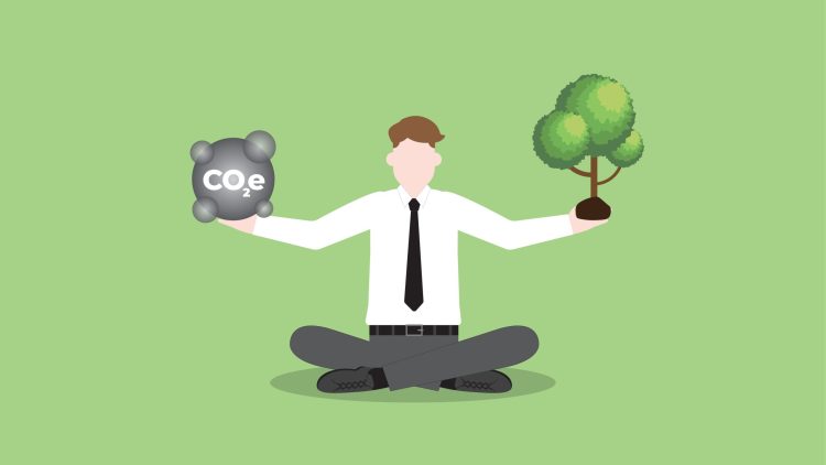 Illustration of business person balancing CO2 and tree - carbon emissions