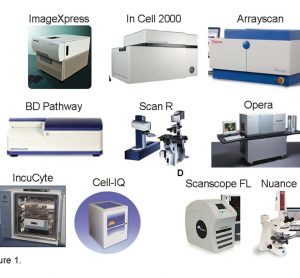 Figure 1 High Content Imaging Technology. The leading fluorescent high content imaging platforms established within the pharmaceutical and biotechnology industry. Represented are; A. Fully automated high throughput high content imaging systems (ImageXpress, InCell, BD Pathway, ScanR, Opera and the Arrayscan). B. Live cell kinetic imaging systems (IncuCyteFLR and Cell-IQ) and C. Fluorescent tissue slide imaging platform (Scanscope FL)