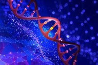 3D illustration of a DNA helix on an abstract blue background