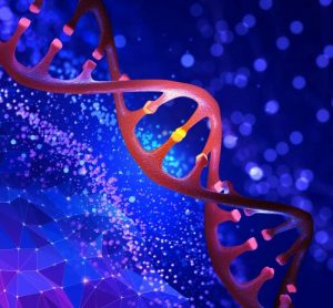 3D illustration of a DNA helix on an abstract blue background