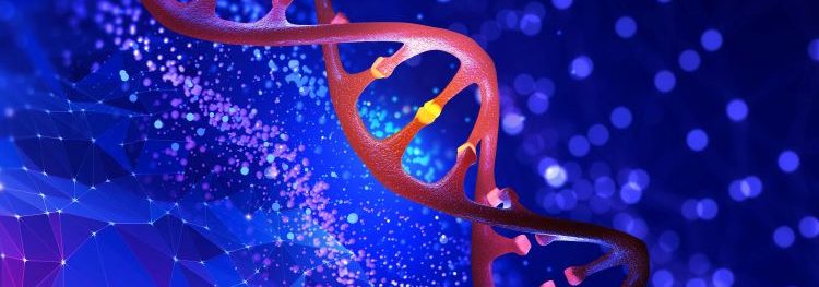 3D illustration of a DNA helix on an abstract blue background