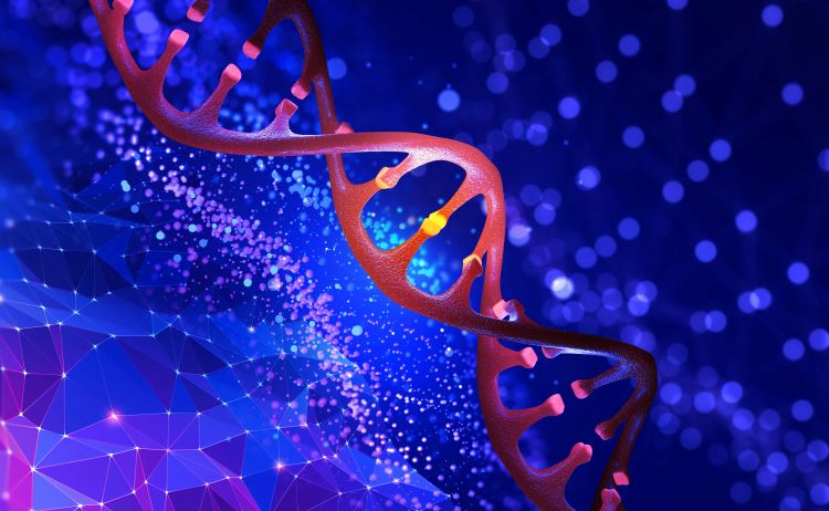 3D illustration of a DNA helix on an abstract blue background