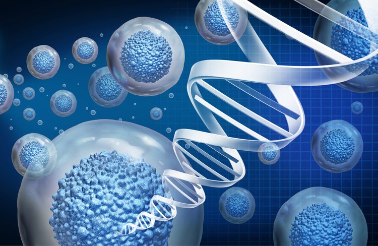 Idea of regenerative medicine/cell therapy - cells and a DNA strand in blue