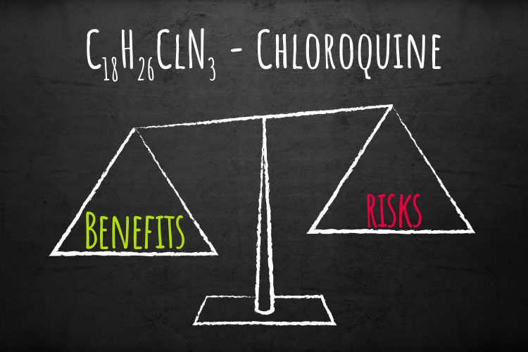 drawing of a scales balancing 'risks' and 'benefits' under the word 'CHLOROQUINE' on a black board