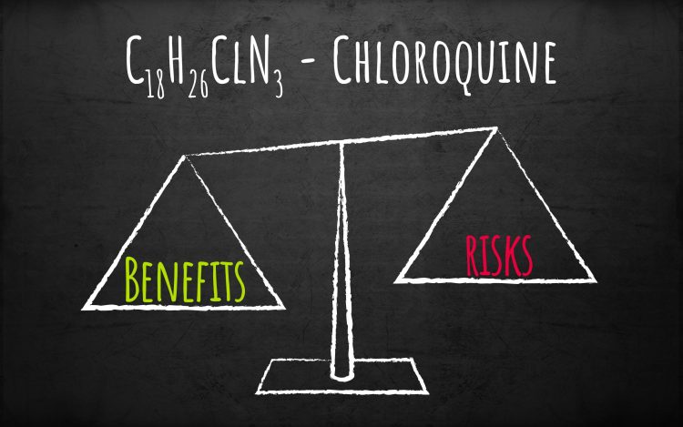 drawing of a scales balancing 'risks' and 'benefits' under the word 'CHLOROQUINE' on a black board