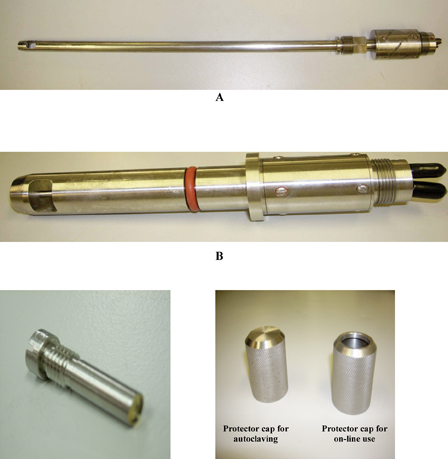 Figure 1: NIR accessories: A) 12mm probe B) 25mm probe C) detachable mirrors D) protective caps used in the in situ process monitoring