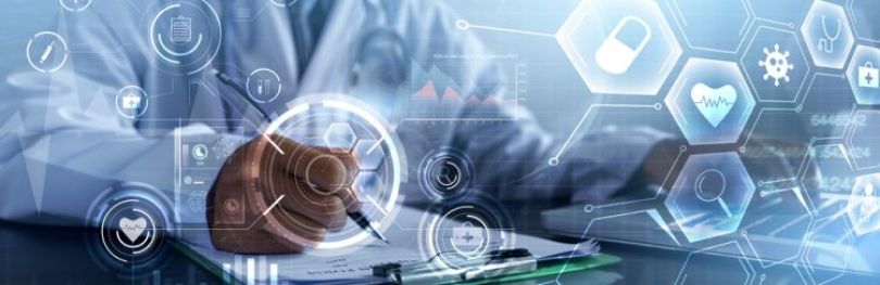 healthcare or clinical trial data concept - doctor working on a clipboard with abstract digital or data icons surrounding them