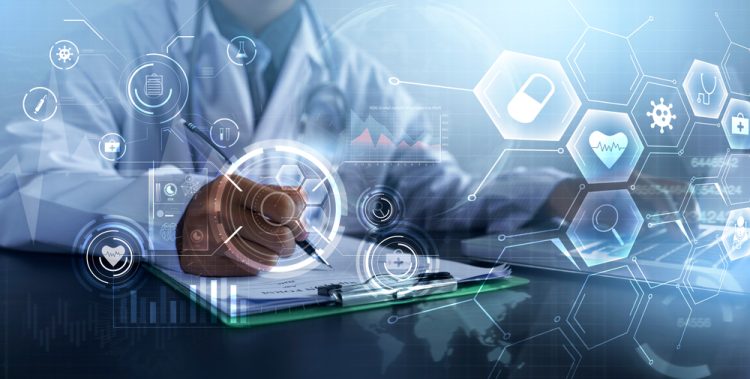 healthcare or clinical trial data concept - doctor working on a clipboard with abstract digital or data icons surrounding them
