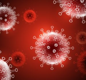 white outlines coronavirus particles on a red background