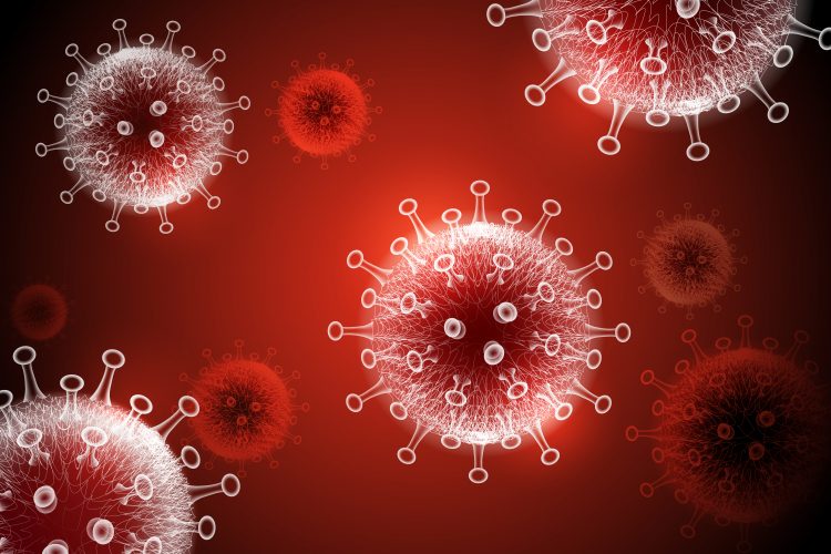 white outlines coronavirus particles on a red background