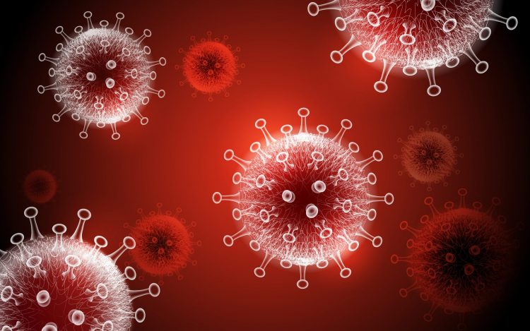 white outlines coronavirus particles on a red background