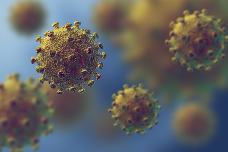 coronavirus particles in yellow on a blue background