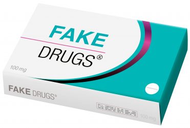 pharmaceutical box labeled 'FAKE DRUGS' - counterfeit pharmaceuticals idea