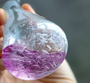 Thin, sharp and long white crystals in purple solution forming within a conical flask.