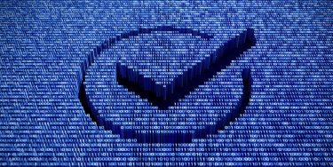 data standards compliance concept - large tick in circle formed of blue 0s and 1s suggesting computer/digital code