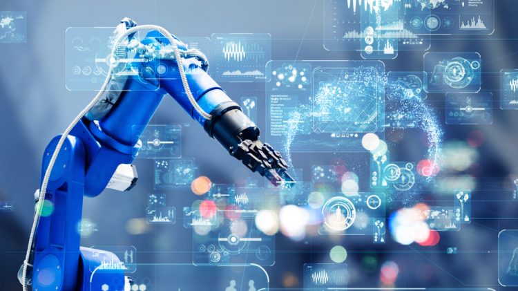 Industry 4.0 or digital manufacturing concept - robotic arm surrounded by abstract digitalisation icons