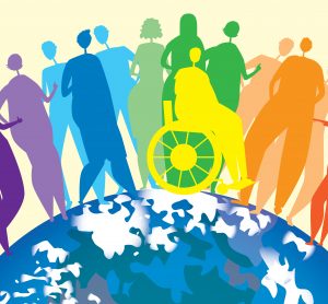 Multicoloured silhouettes standing on top of a cartoon earth - idea of diversity and inclusion