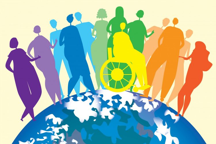 Multicoloured silhouettes standing on top of a cartoon earth - idea of diversity and inclusion