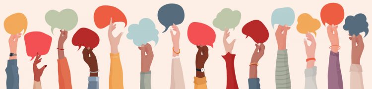illustration of hands of people from different ethnicities and genders holding up coloured speech bubbles - idea of diversity/inclusion