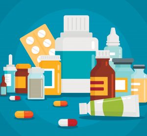 Pharmaceutical illustration of medical bottles and pills on blue background.
