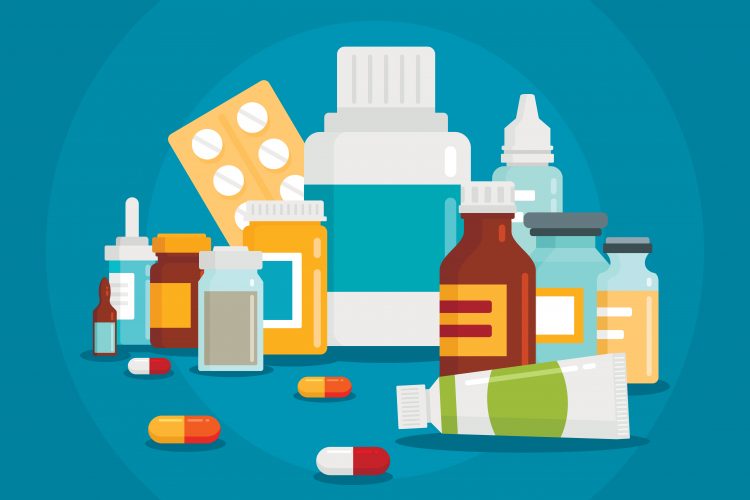Pharmaceutical illustration of medical bottles and pills on blue background.