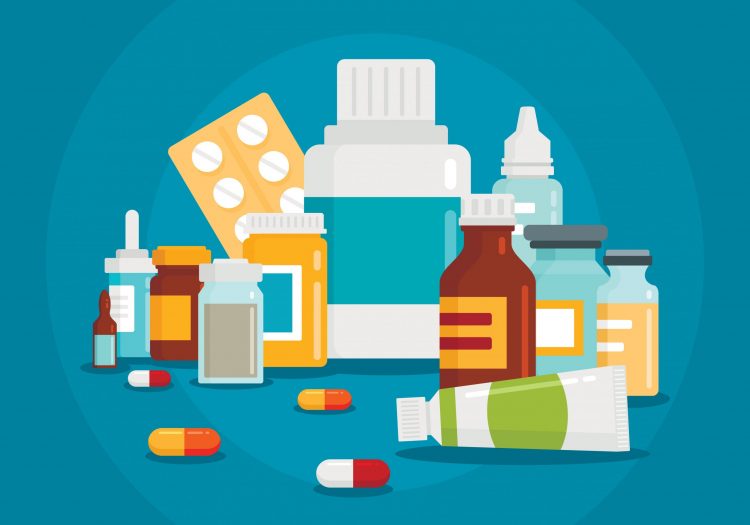 Pharmaceutical illustration of medical bottles and pills on blue background.