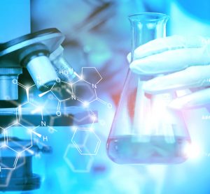 microscope and conical flask overlaid with molecular structures - idea of drug research/discovery/development